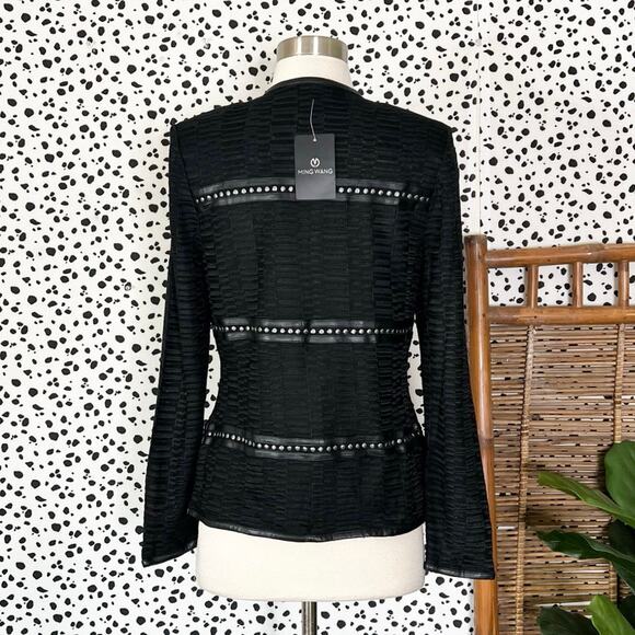 NEW Ming Wang | Black Knit Faux Leather Trim Stud Long Sleeve Cardigan Jacket XS - Picture 6 of 11